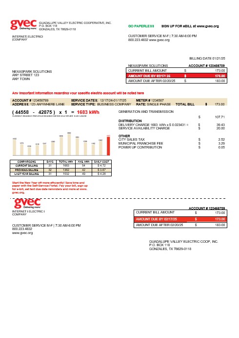 USA Texas GVEC business utility bill template in Word and PDF formats